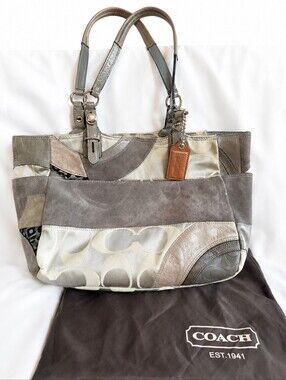 Authentic Vintage Coach Patchwork Tote Gray Leather Suede Shoulder Bag-Dust Bag